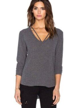Revolve LNA Women's Sweater Strappy V-neck Long Sleeve Soft Charcoal Gray XS